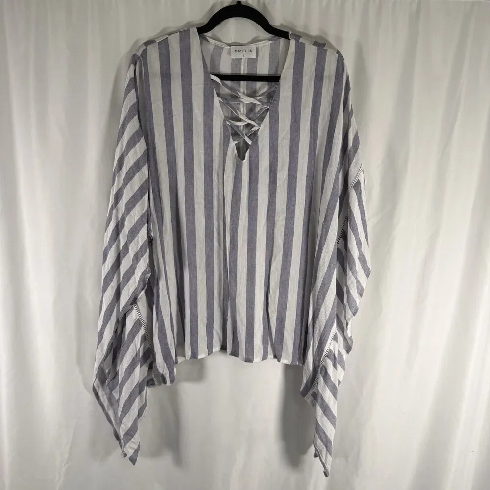 Emelia Blouse Women's Large Blue White Striped Lightweight Flowy V-Neck